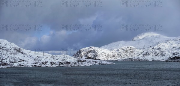 Panorama of norwegian fjord in winter, Lofoten islands, Norway, Europe
