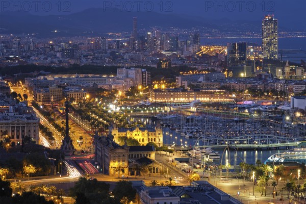 Aerial view of Barcelona city skyline with city traffic and port with yachts illuminated in the