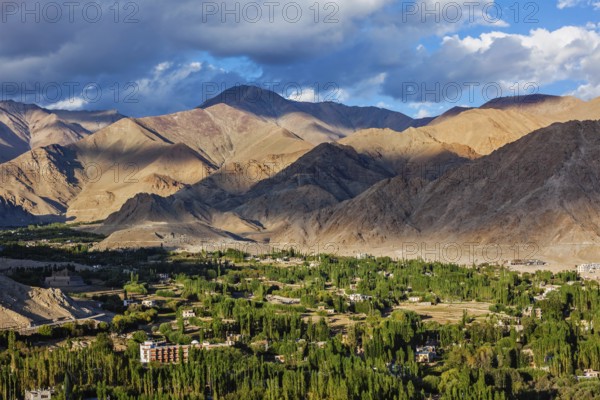View of Leh from above from Shanti Stupa on sunset. Ladakh, Jammu and Kashmir, India, Asia