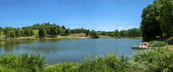 The castle of Montfort overlooking the lake of Vernet la Varenne. Puy de Dome department. Auvergne