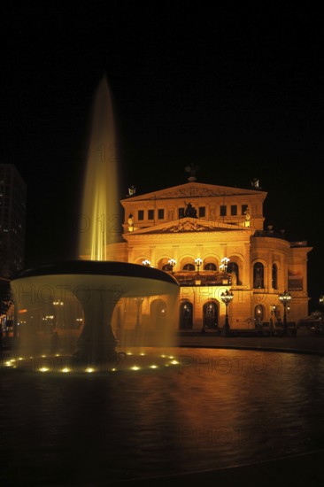 Lucae Fountain with Old Opera House, night shot, illumination, lighting, artificial light, Opera