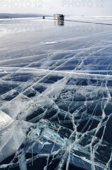 Cars on the ice of Lake Baikal, Olkhon Island, Pribaikalsky National Park, Irkutsk Province,