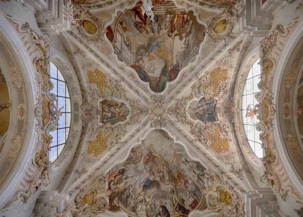 Interior photograph of ceiling frescoes, ceiling painting, monastery basilica, monastery church,