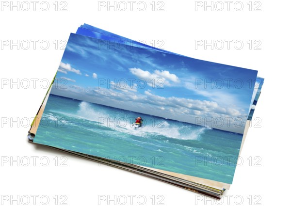 Holidays beach adventure concept creative background, stack of vacation photos with man riding jet