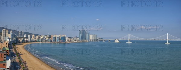 BUSAN, SOUTH KOREA, APRIL 11, 2017: Panorama of Gwangalli Beach and Gwangan bridge in Busan, a