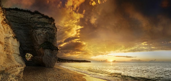 Sunset beach of Mare di Tropea under luminous sky, Tropea, Vibo Valentia, Calabria, Southern Italy,