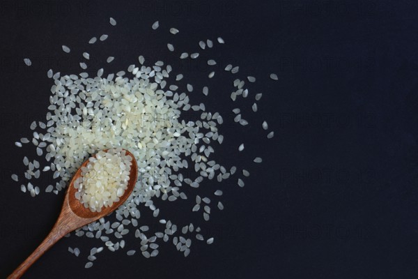 Rice, white rice grains in wooden spoon