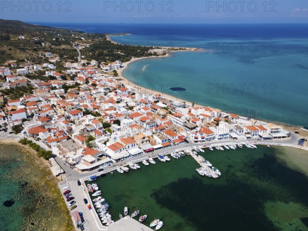 Drone shot, harbour, town of Elafonisos, Elafonisos, Deer Island, Laconia, Peloponnese, Ionian