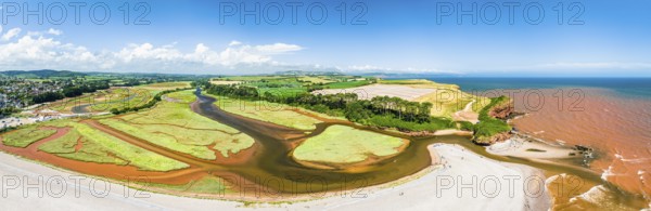 Panorama over River Otter Estuary Nature Reserve from a drone, Budleigh Salterton Beach, Devon,