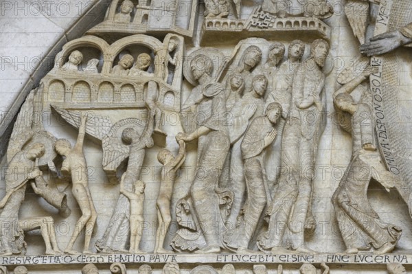 Famous tympanum of Saint-Lazare Cathedral with the Last Judgement, detail, Autun, Département