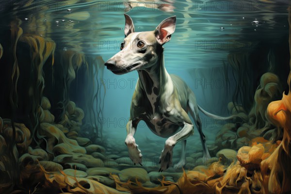 Italian Greyhound diving in a river, AI Generated