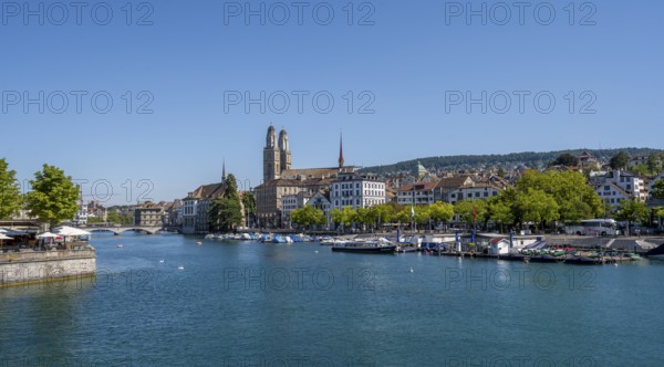 View from the Quai Bridge over the Limmat to the towers of Zurich's Old Town, Zurich, Switzerland,