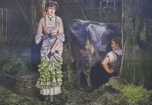 The first day of the milk cure, lady from the city stands in the barn and looks sceptically at the