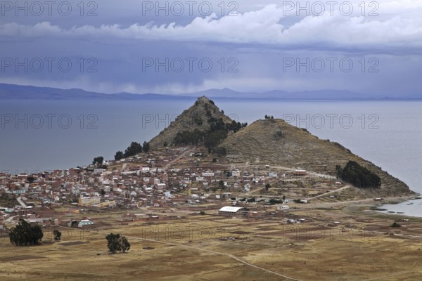 View over Copacabana, Bolivian town on the shore of Lake Titicaca, Bolivia, South America