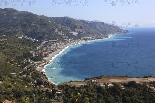 View from Taormina of the coastal landscape towards Letojanni, Sicily, Italy, Europe