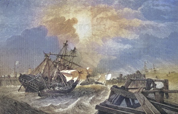 Rescue of a ship in front of the harbour entrance of Yarmouth, Isle of Wight, 1869, England,