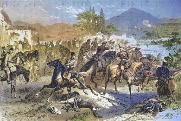 Battle of Alcolea, the troops of Marshal Serrano remove the bridge defended by the royal troops