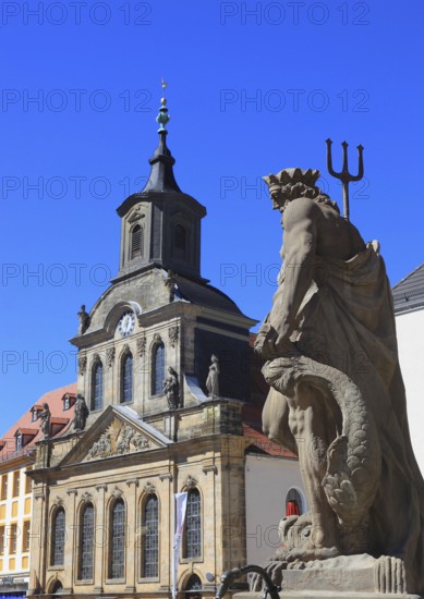 In the city centre of Bayreuth, Neptune Fountain and the Spital Church on Maximilianstrasse,