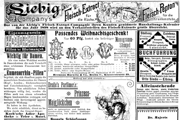 Various advertisements, Siebig Meat Extract, Eumenorrhin Pills, Iron Magnesia, from a magazine from