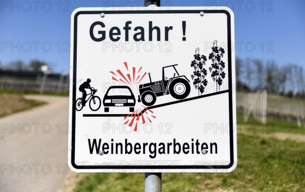 Sign danger, vineyard work, near Sasbachwalden, Black Forest, Ortenaukreis, Baden-Württemberg,