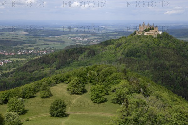 Cultural landscape, Hohenzollern Castle, near Bisingen, Zollernalbkreis, Swabian Alb,