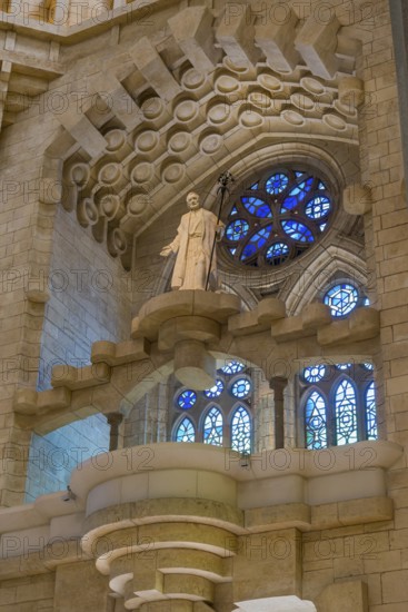 Interior view of the Familia Sagrada by the architect Antonio Gaudi in Barcelona, Spain, Europe