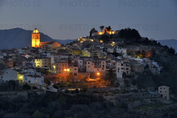 Village of Polop at dusk, blue hour, Province of Alicante, Spain, Europe