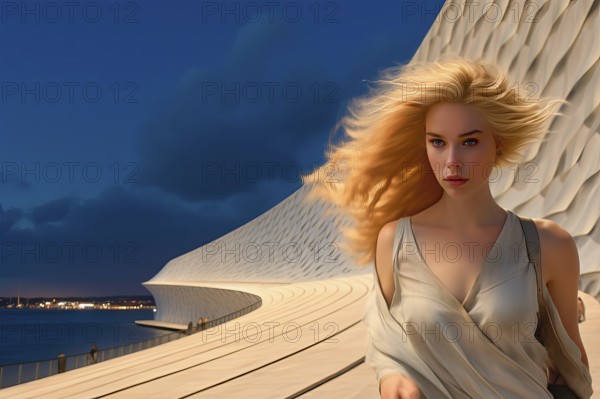 Beautiful young woman with blond hair in a modern architectural environment, Europe, AI generated