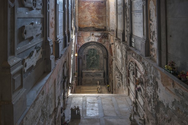 Stairway to the lower burial level, in the Monumental Cemetery, Cimitero monumentale di Staglieno),