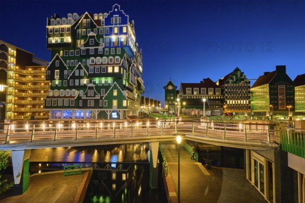 ZAANDAM, NETHERLANDS, MAY 8, 2017: Inntel Hotel in Zaandam illuminated at night. Design of