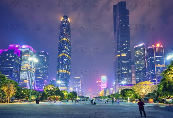 GUANGZHOU, CHINA, APRIL 27, 2018: Guangzhou cityscape skyline over the Pearl River illuminated in