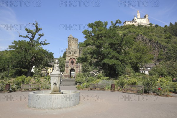 War memorial, fountain and Marksburg Castle in Braubach, tower, mountain, Rhineland-Palatinate,