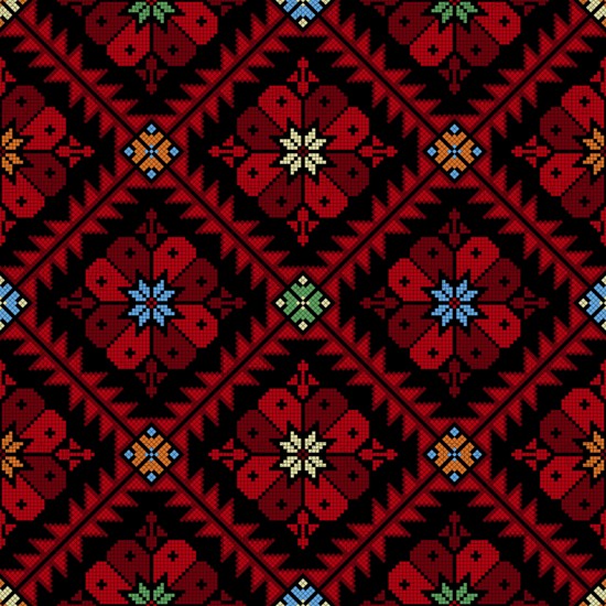 Decorative Palestinian seamless pattern in colors, traditional Tatreez embroidery, vector