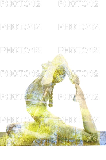 Nature harmony healthy lifestyle concept, double exposure image of woman doing yoga asana King