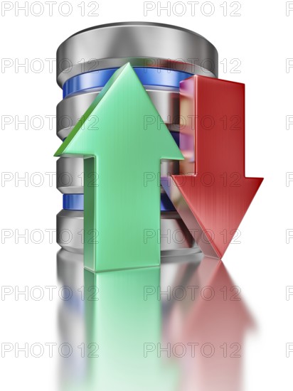 Database upload download concept, hard disk drive data storage database icon symbol with arrows