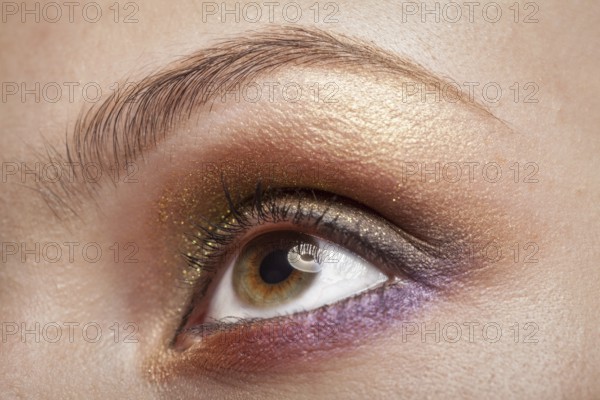 Macro image of human woman eye with make up