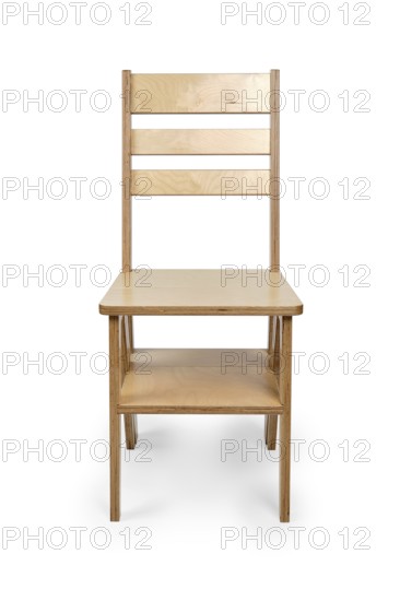 Foldable wooden chair transforming into stepladder on white background