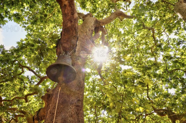 Monastery of Agios Ioannis, chapel, church bell hanging in tree, backlight, sun as star, west coast
