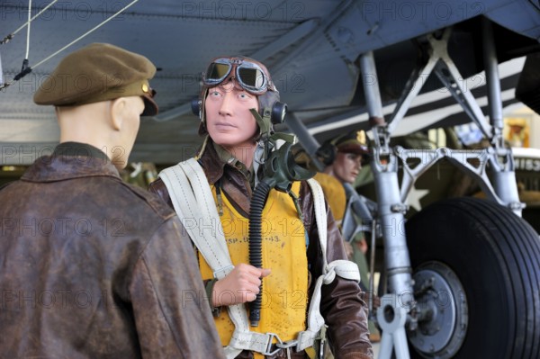 Uniform of an American fighter pilot with life jacket in the Airborne Museum in Sainte-Mere-Église,