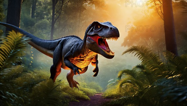 A dinosaur Tyrannosaurus Rex roaring in a prehistoric forest with lush vegetation, AI generated