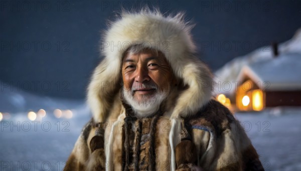Portrait, an old man of the Inuit, also Eskimo, in warm fur clothing in a snowy landscape in the