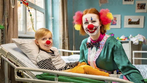 A female clown, a clinic clown, in mask, red nose and costume with a sick child in the clinic, AI