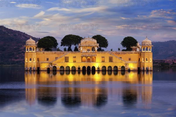 Rajasthan landmark, Jal Mahal Water Palace on Man Sagar Lake in the evening in twilight. Jaipur,