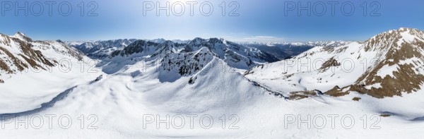 Alpine panorama, Mitterzeigerkogel, aerial view, peaks and mountains in winter, Sellraintal,