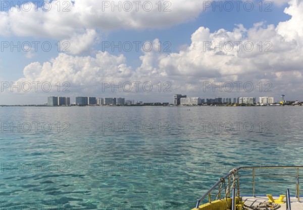 Modern apartment blocks seen from Isla Mujeres ferry, Cancun, Quintana Roo, Yucatan Peninsula,