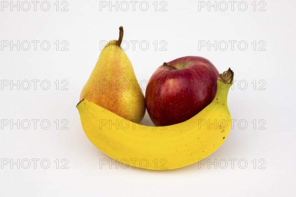 Banana, apple, pear, studio shot, white background, healthy food