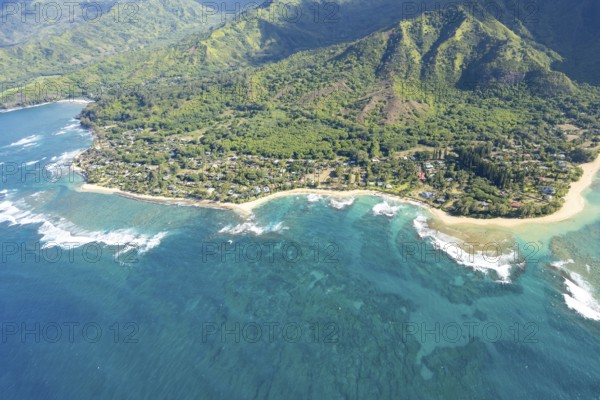 Aerial view Ke'e Beach, Haena Beach, Tunnels Beach, Kepuhi Beach, Kauai, Hawaii, USA, North America