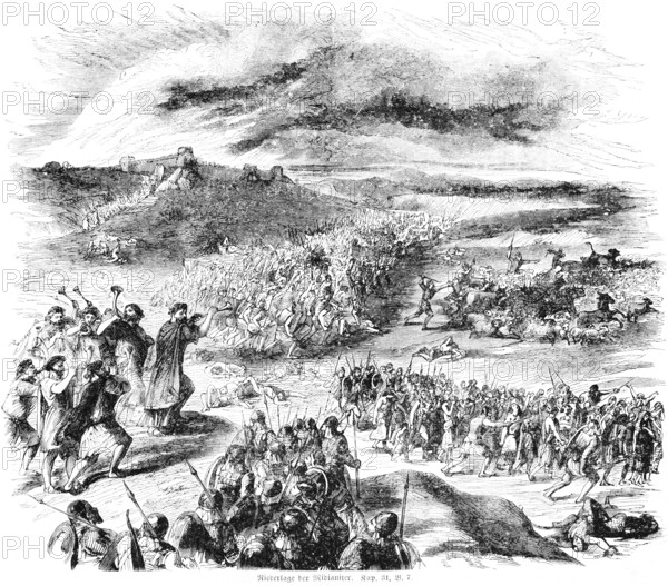 Defeat of the Midianites, army, battle, weapons, God, Moses, strangle, men, death, die, spears,