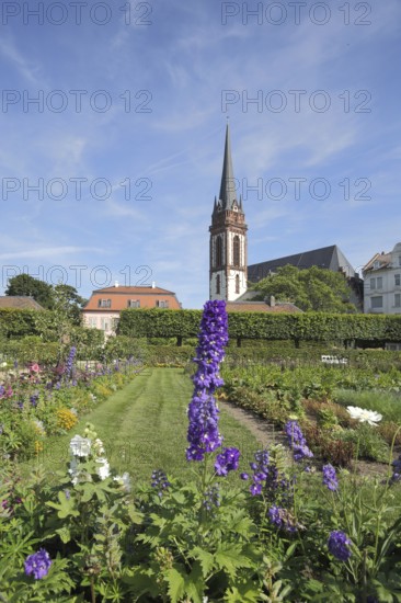 Prince George Garden and Church Tower of St. Elisabeth in Darmstadt, Bergstrasse, Hesse, Germany,
