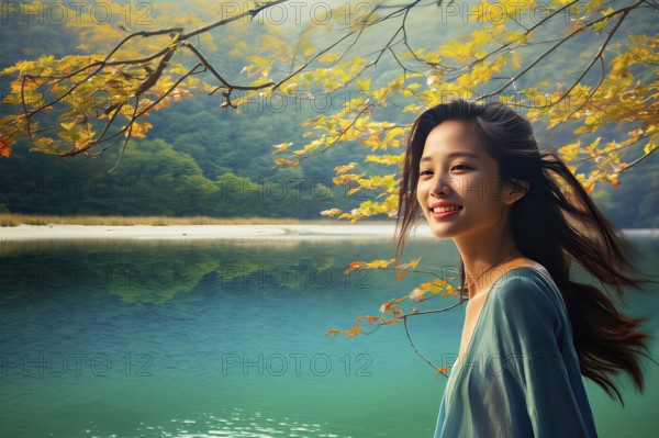 Beautiful young Asian woman with dark hair under tree branches near a colourful lake, China, AI